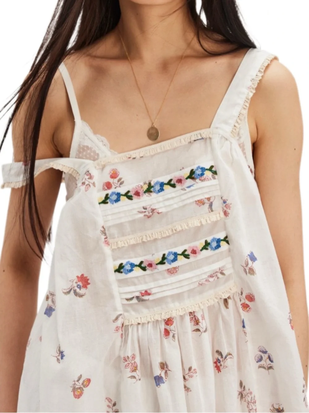 Free People White The Way Back Floral Print Maxi Top /Dress Cotton Embroidery XS